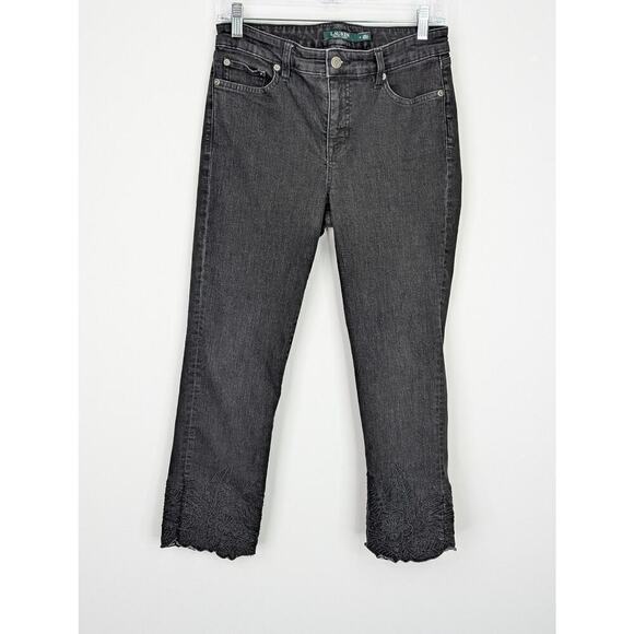 Lauren Ralph Lauren Denim - Lauren Ralph Lauren Jeans Womens 4 Black Cropped Floral Embroidered Hem Stretch